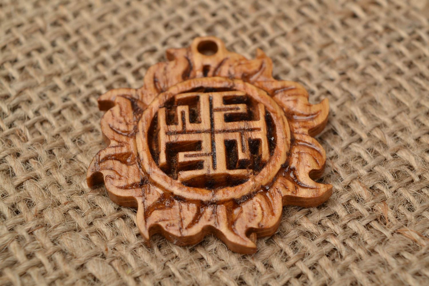Handmade wooden Slavic round pendant with symbol Ratiborets protective amulet photo 1