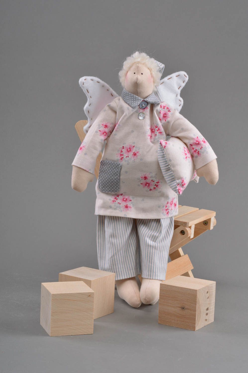 Handmade toy sewn of cotton beautiful Sleepy Angel present for children photo 3