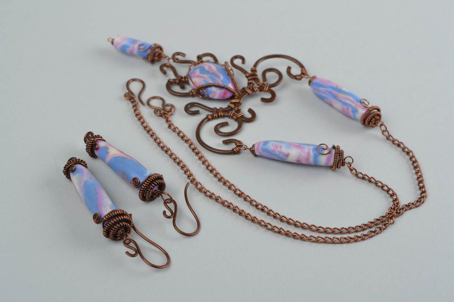 Earrings and pendant made of copper and polymer clay using wire wrap technique photo 4