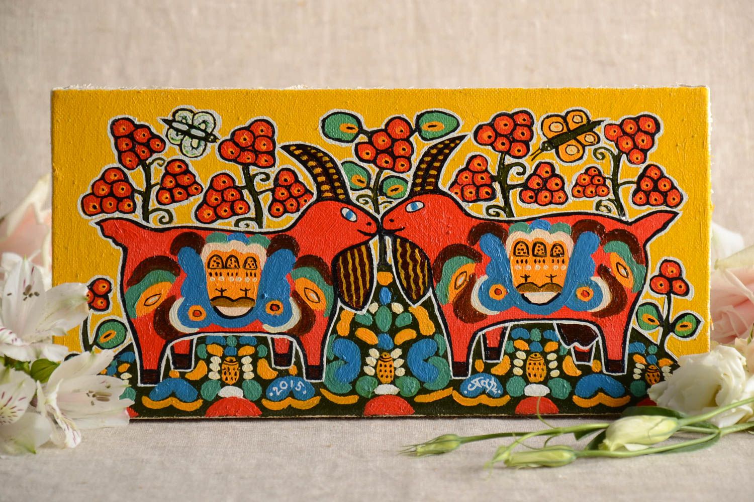 Cuadro pintado al óleo sobre lienzo artesanal étnico colores vivos Pareja feliz foto 1