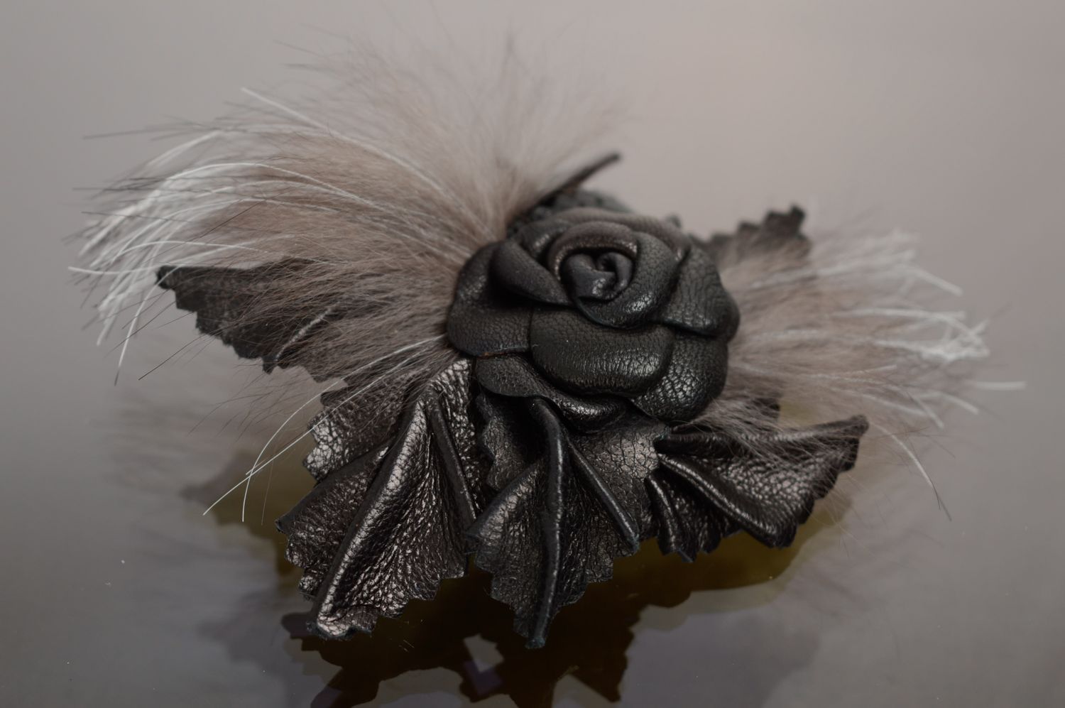 Black floral leather brooch with fur photo 1