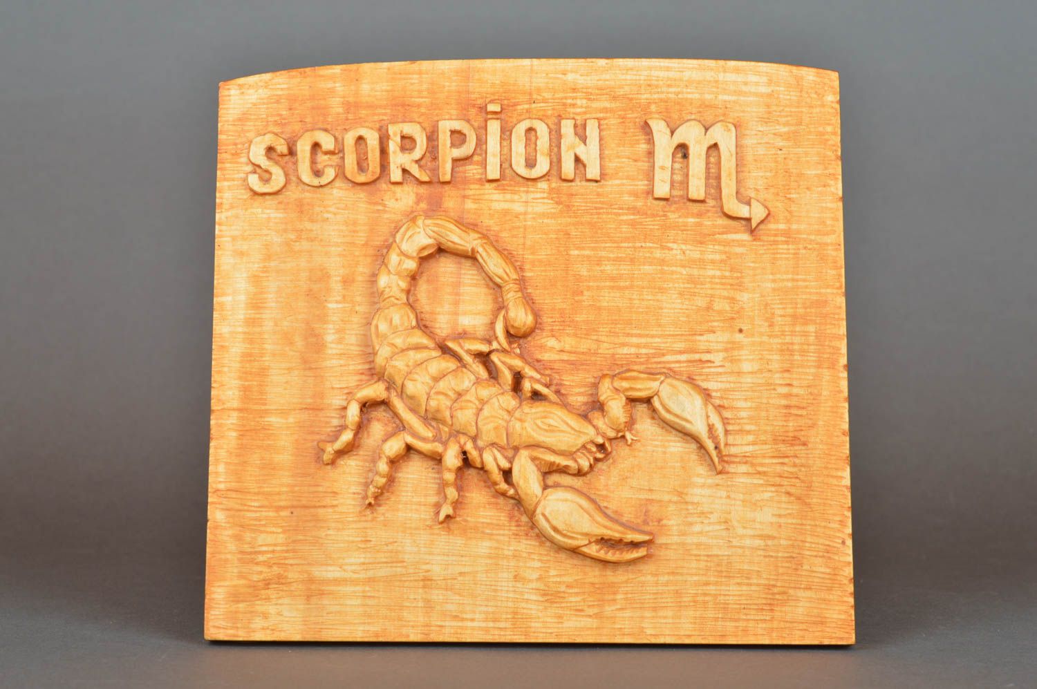 Beautiful handmade designer wooden wall panel with art carving Scorpio sign photo 2