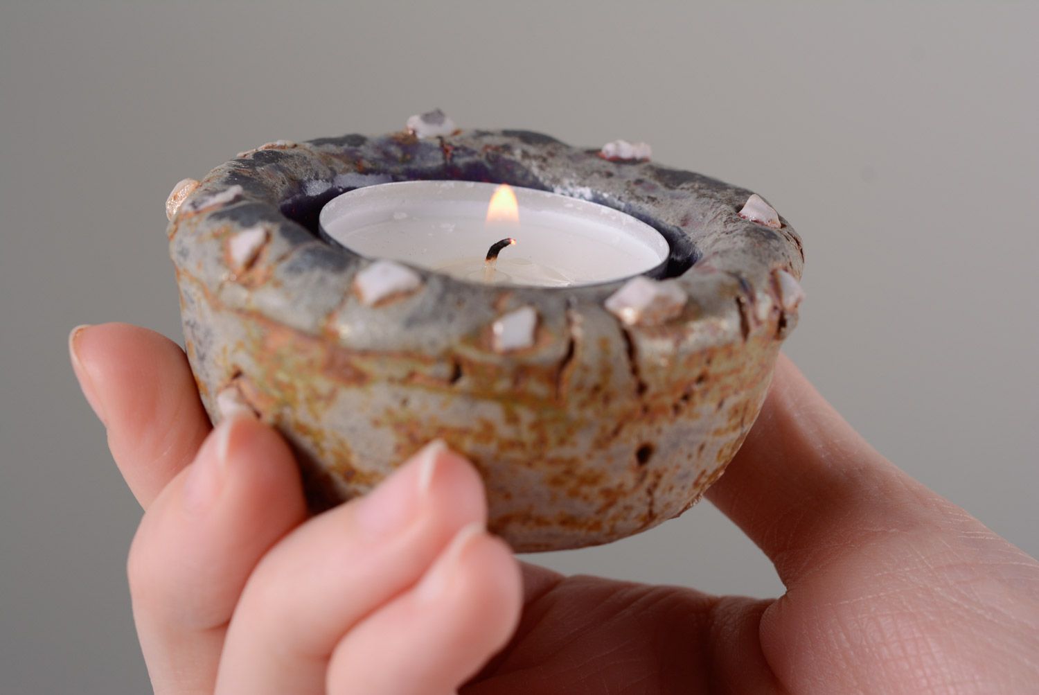 Handmade small round candle holder molded of clay with porcelain for table candle photo 3