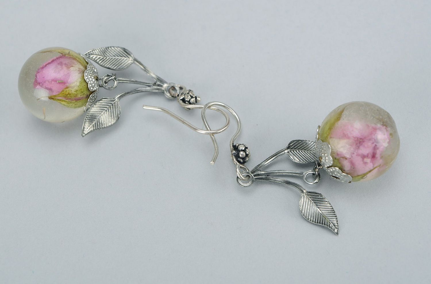 Silver earrings with buds of tea roses photo 4