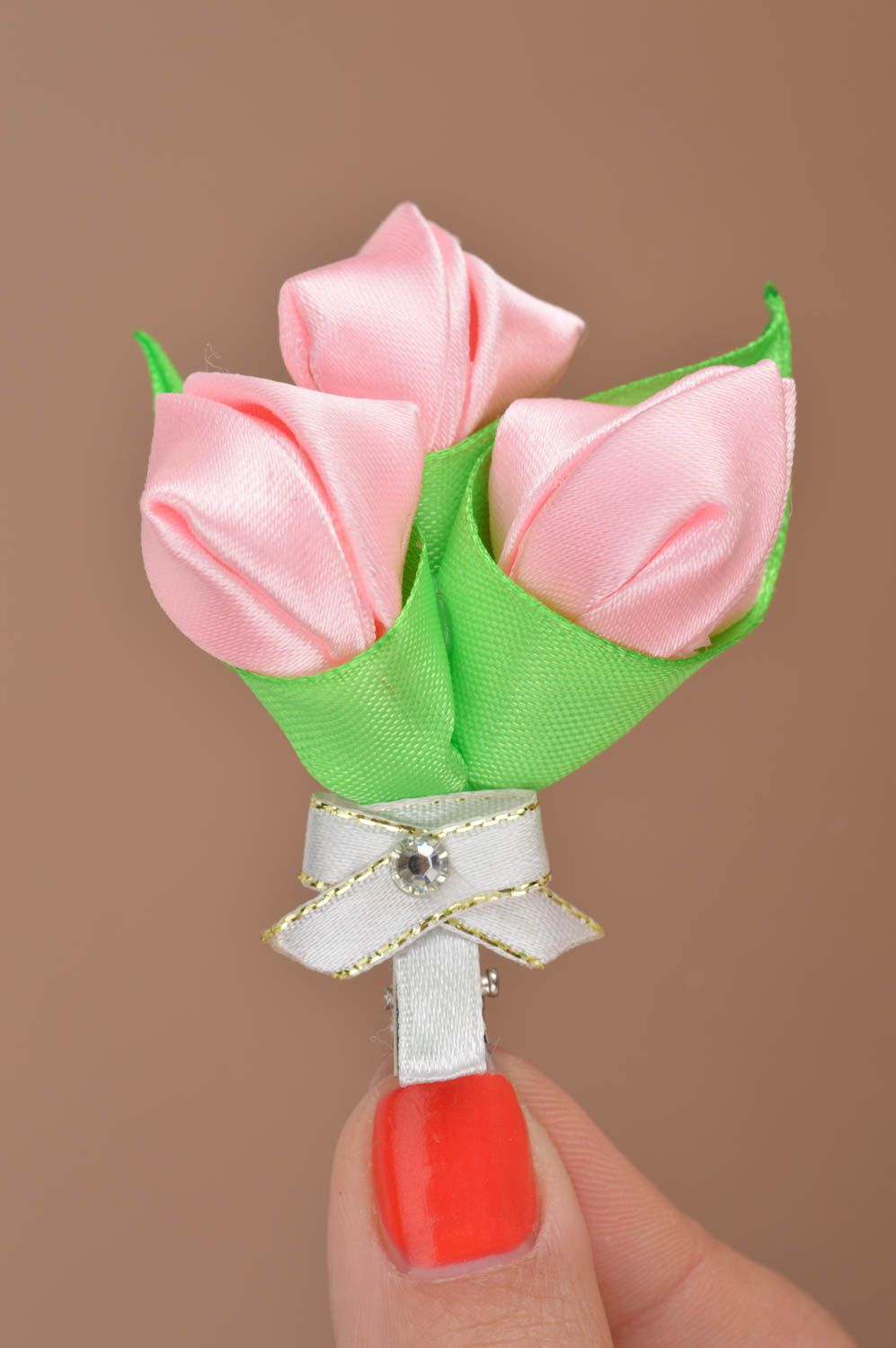 Handmade designer decorative hair clip with three pink satin kanzashi flowers  photo 2