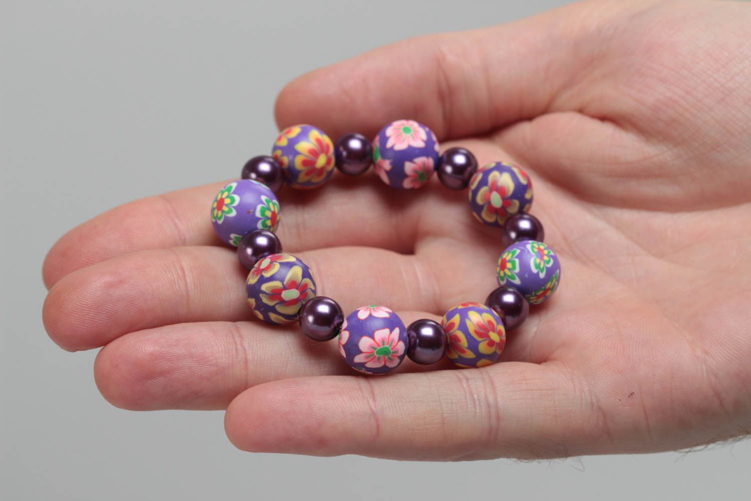 Blue and violet handmade children's polymer clay wrist bracelet photo 5