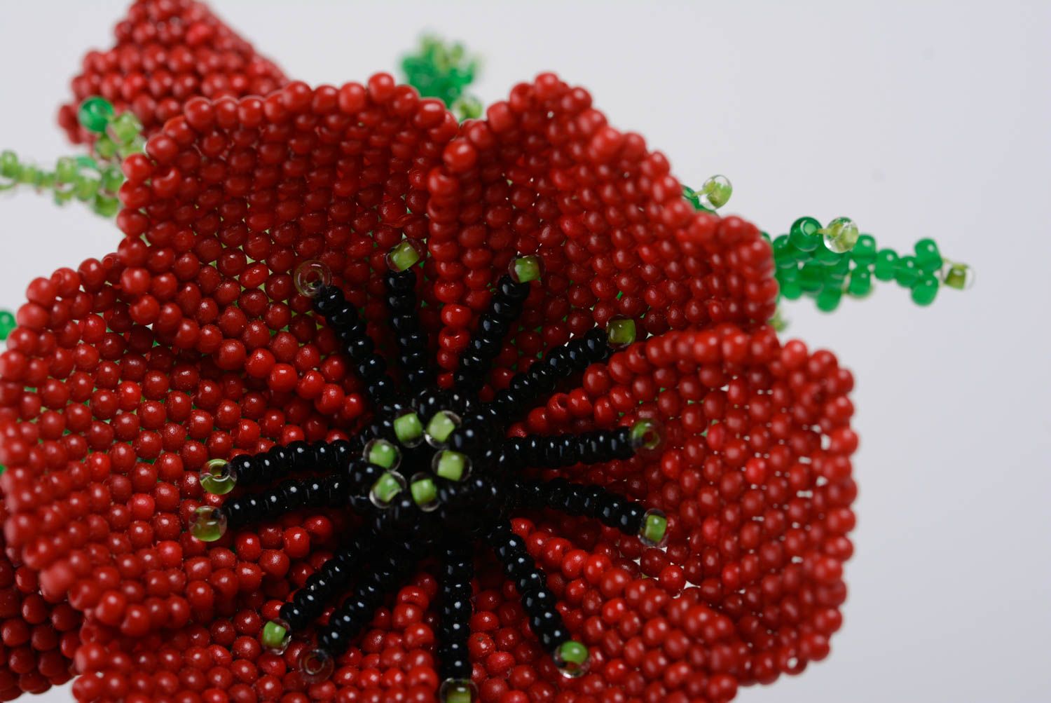 Handmade designer volume flower brooch woven of seed beads Red Poppy with leaves photo 2