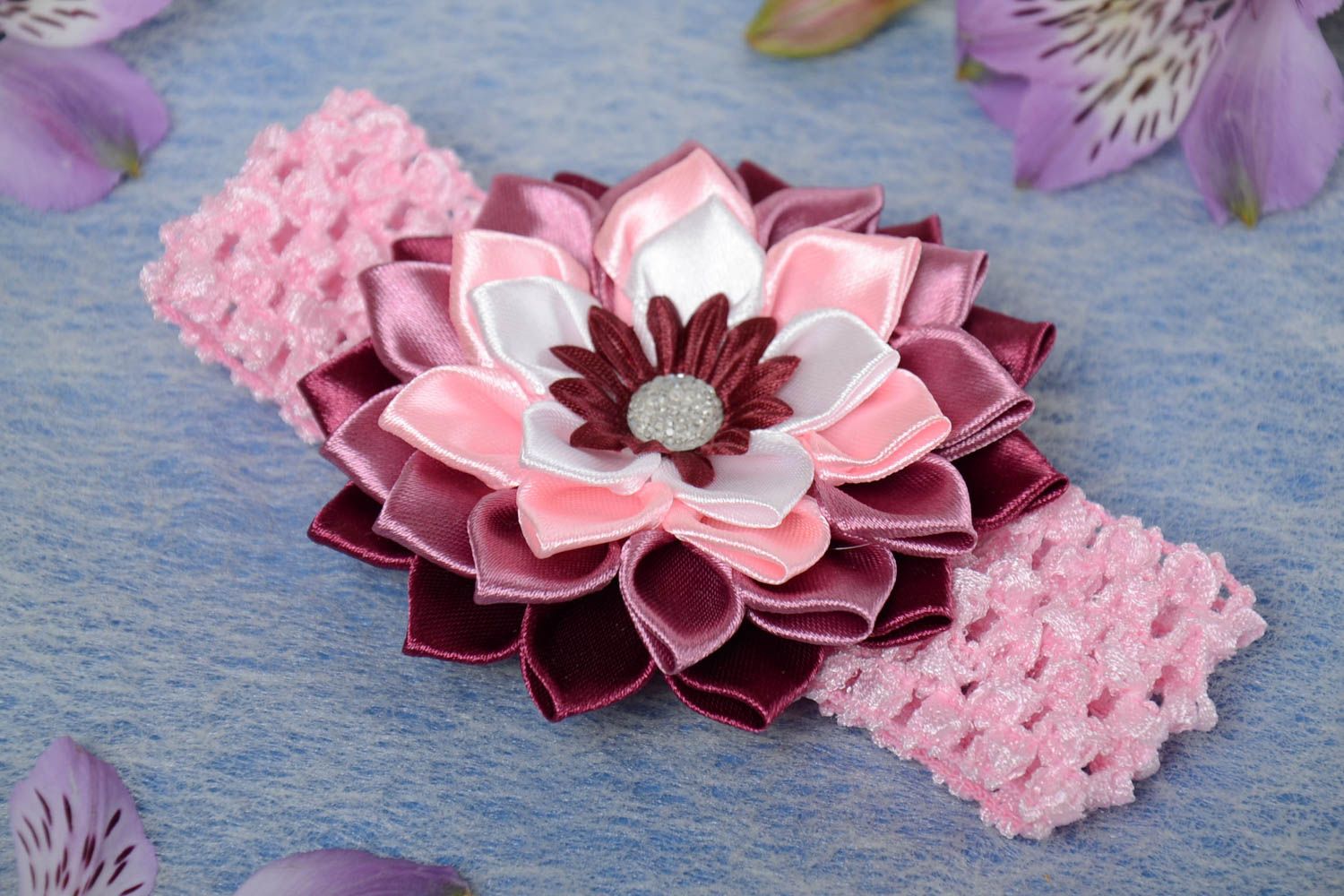 Handmade designer stretch crocheted headband with lilac kanzashi flower for girl photo 1