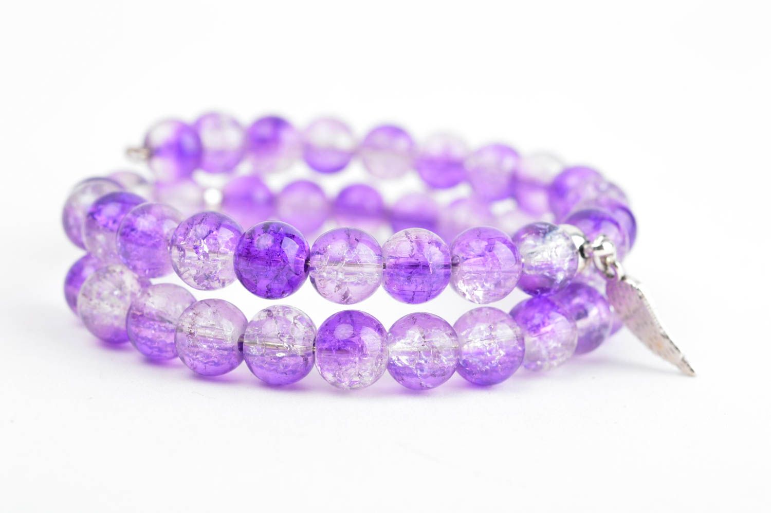 Bracelet en perles de verre Bijou fait main violet 2 rangs Cadeau femme photo 2
