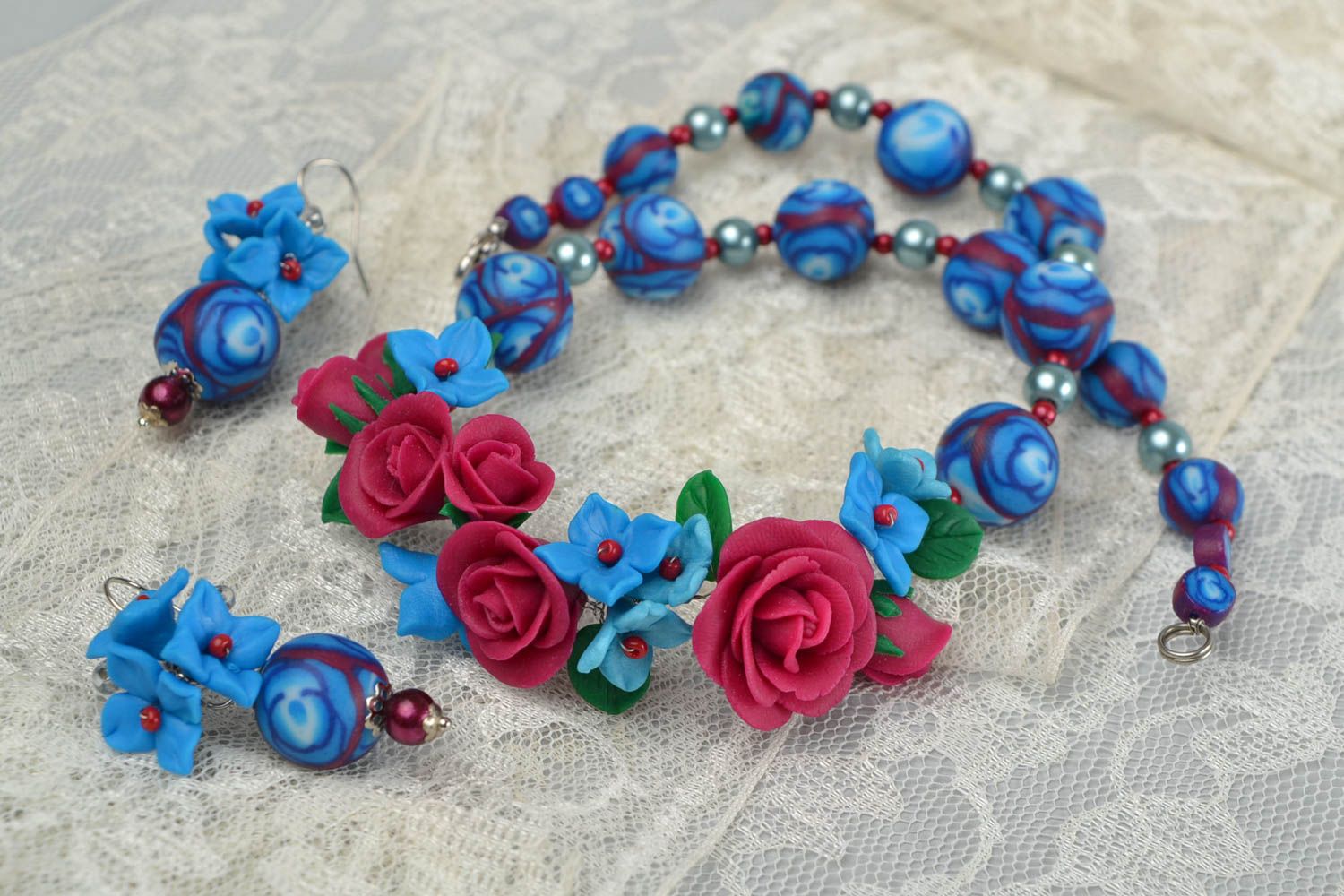 Handmade designer polymer clay jewelry set flower earrings and necklace photo 1