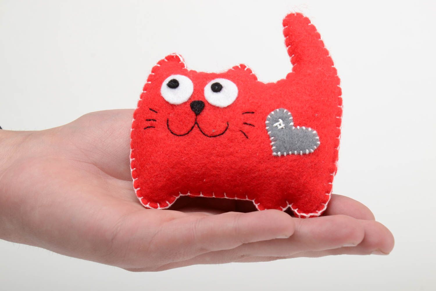 Handmade small red felt soft toy red cat with gray heart for kids and decor photo 5