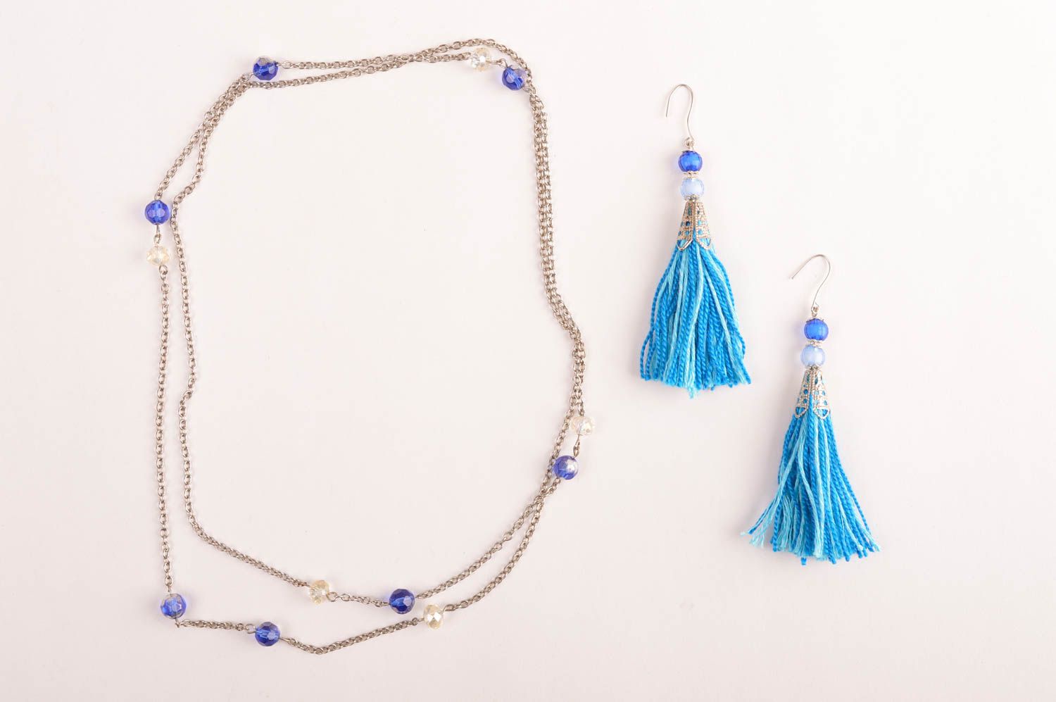 Unusual handmade metal necklace with beads textile tassel earrings gifts for her photo 2