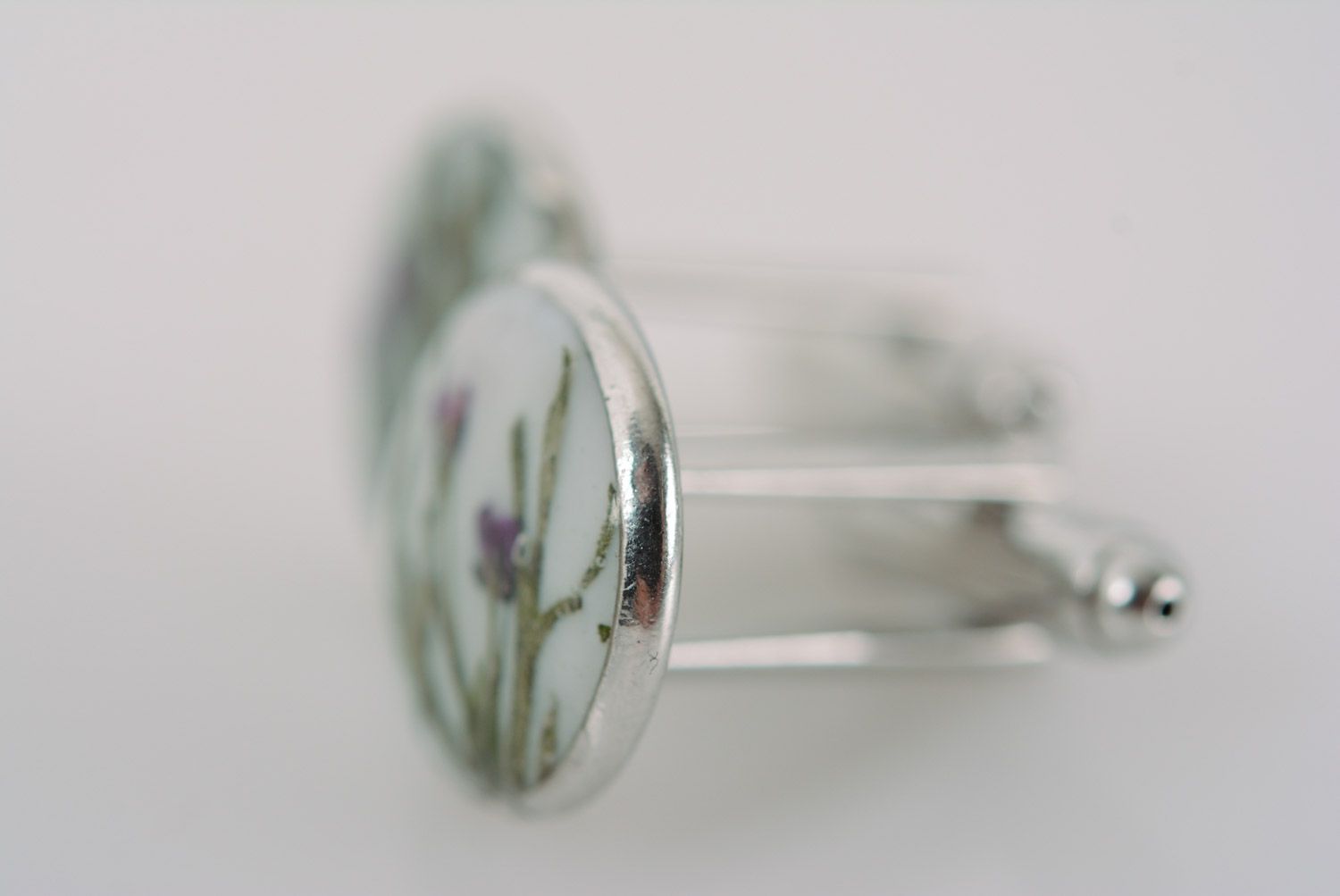 Handmade cufflinks with dried flowers coated with epoxy and with metal fittings photo 4