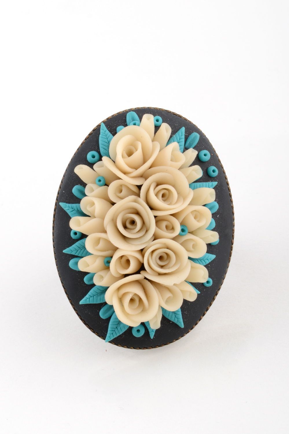 Handmade large designer round polymer clay floral jewelry ring with metal basis photo 2