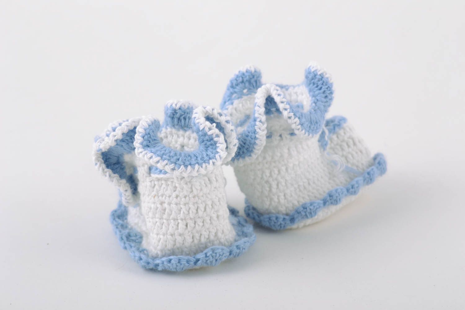 Handmade festive baby boy shoes crocheted of white and blue cotton threads photo 4