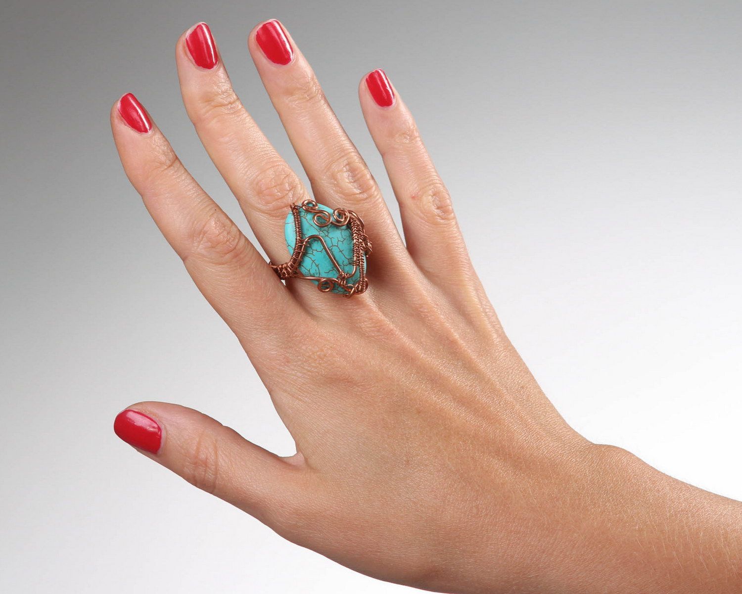 Handmade copper ring with turquoise imitation photo 4