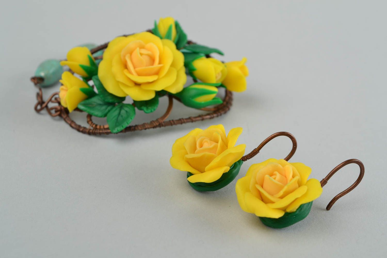 Homemade charm jewelry set yellow roses flower cuff bracelet and earrings for women and girls photo 4