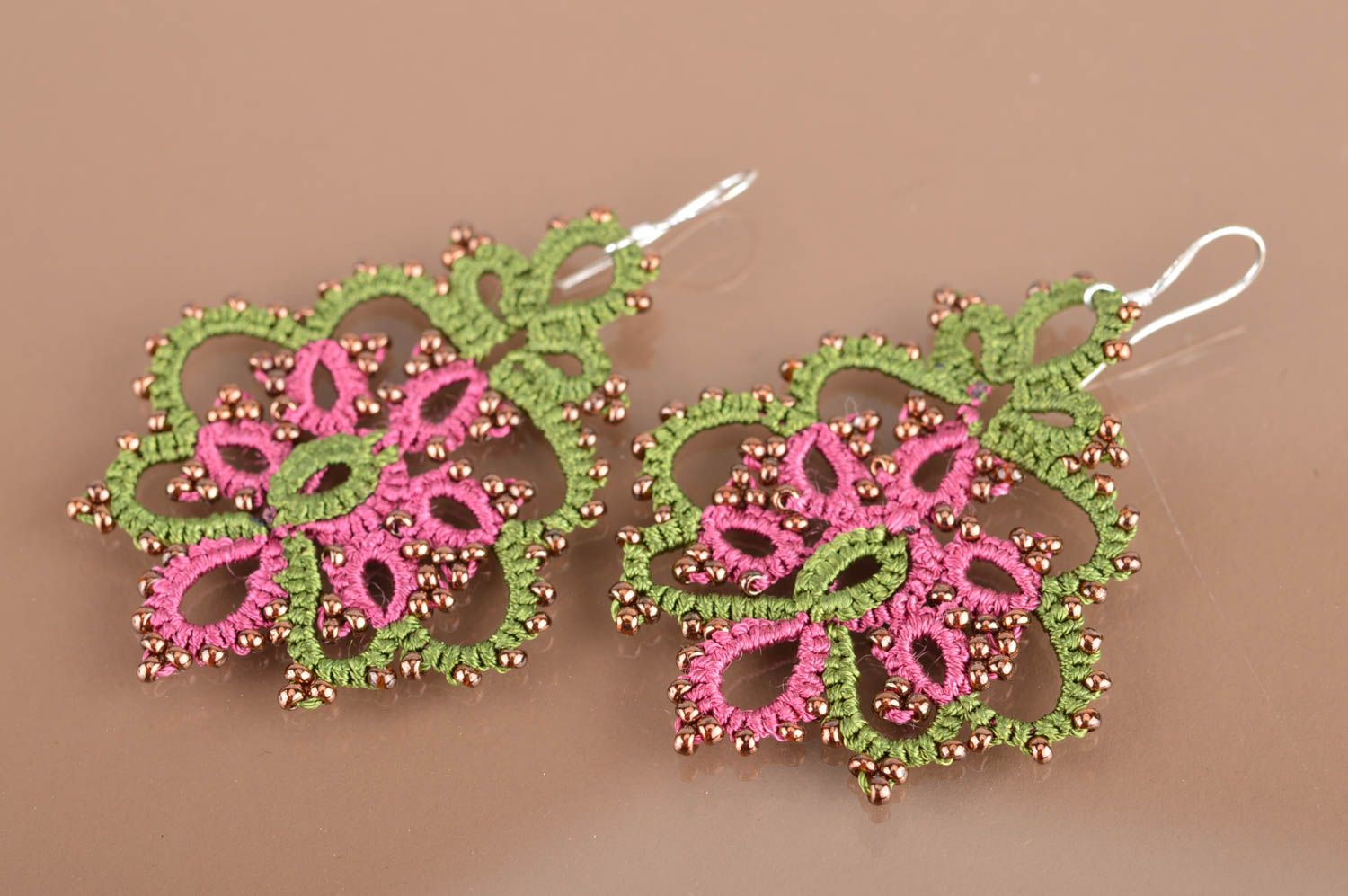 Beautiful women's handmade designer crochet tatted earrings with beads photo 2