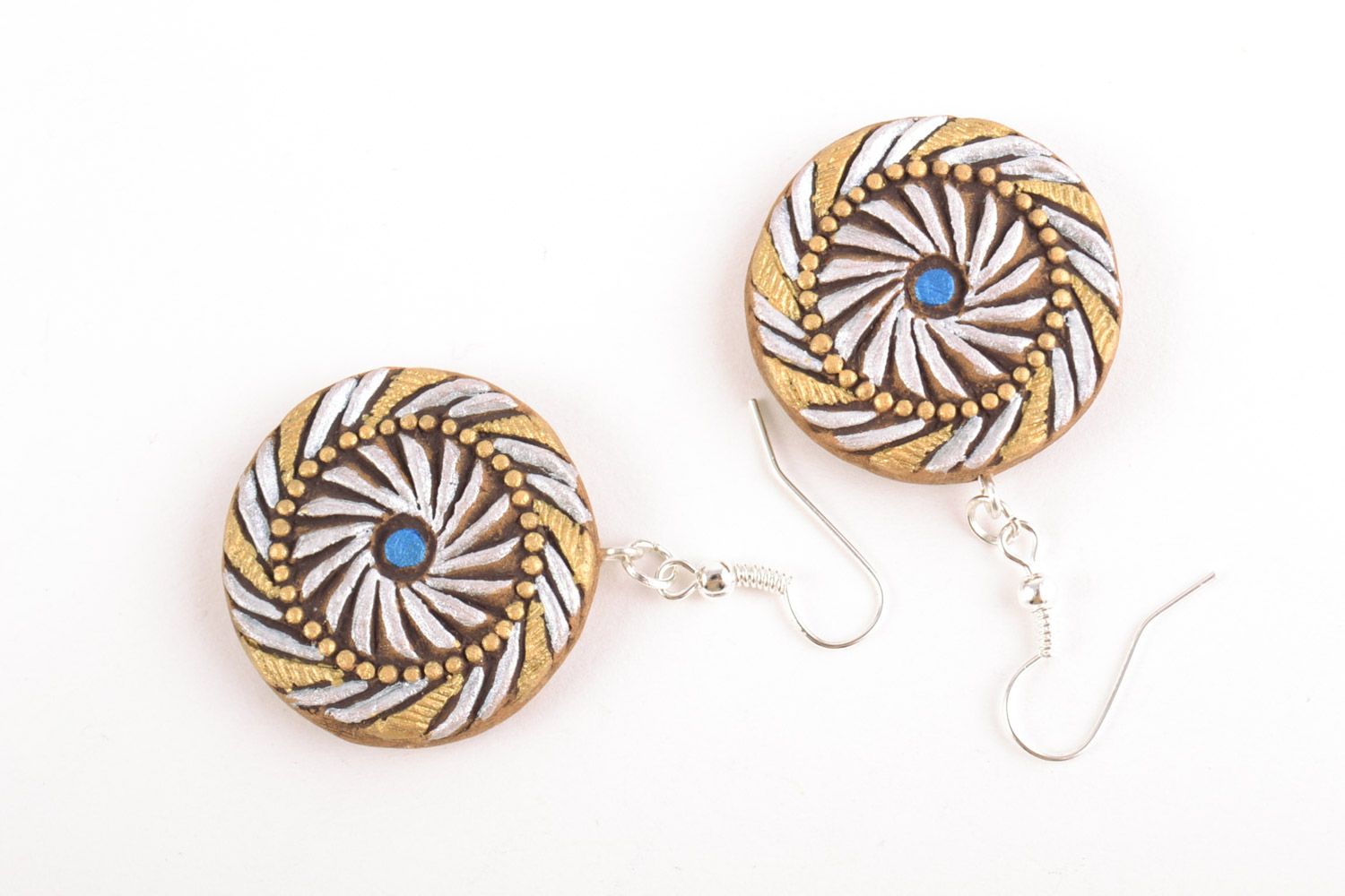 Handmade round ceramic dangling earrings painted in silver and golden colors photo 5