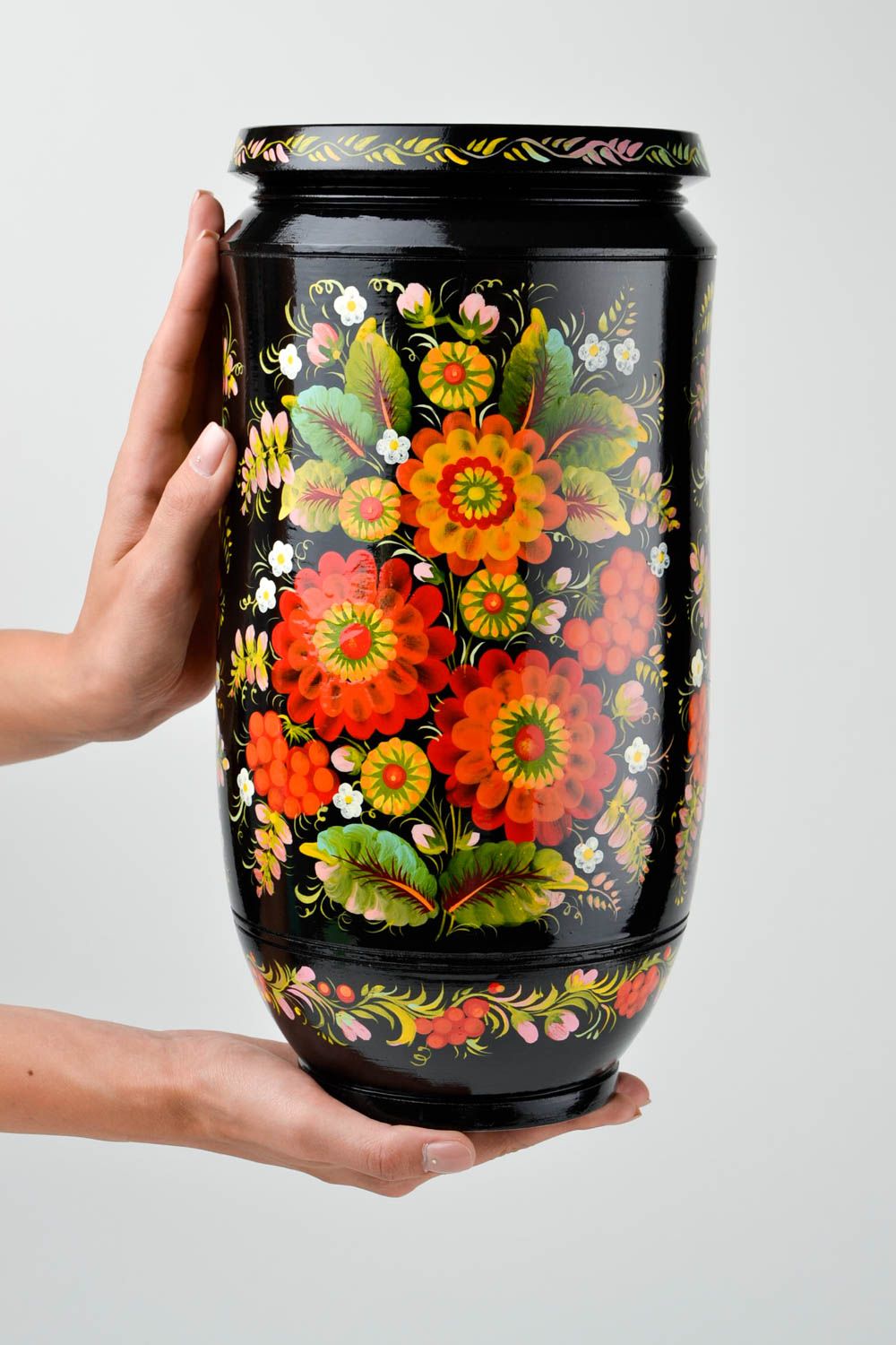 Vase noir fait main Déco maison en bois à motif floral grand Cadeau femme photo 2