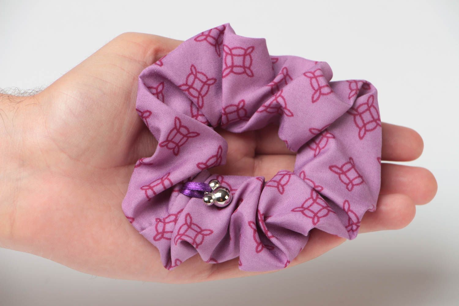 Handmade designer hair tie sewn of blended fabric of violet color with print photo 5