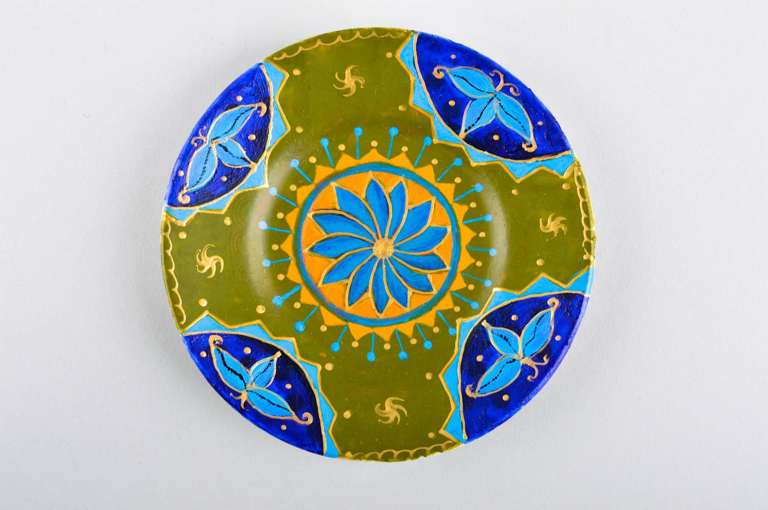 Handmade grün blauer Keramik Wandteller Wohn Accessoire Haus Deko bemalt foto 5