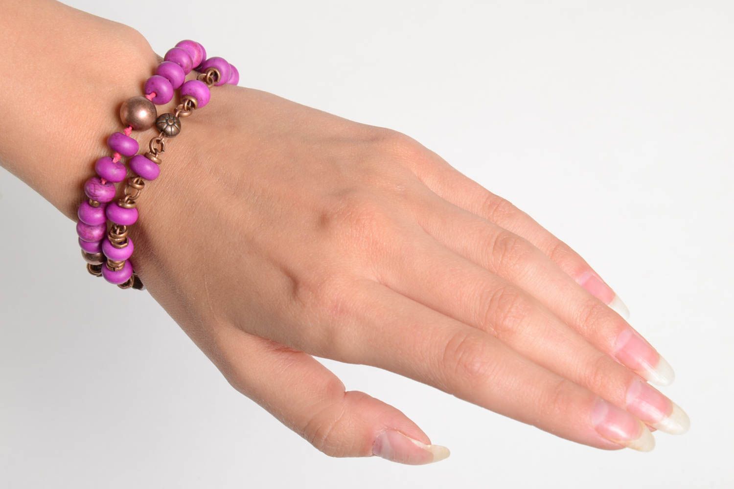 Festive handmade pink beads bracelet gemstone bracelet in two layers for women photo 3