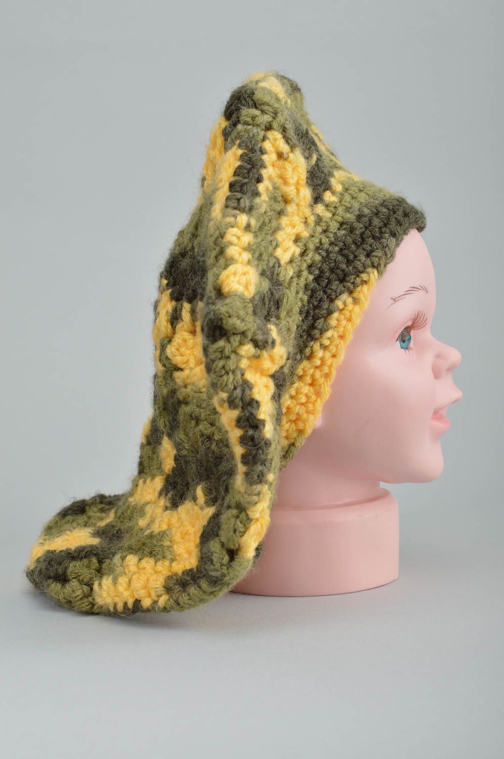 Béret tricoté à la main au crochet vert jaune en laine original pour femme photo 4