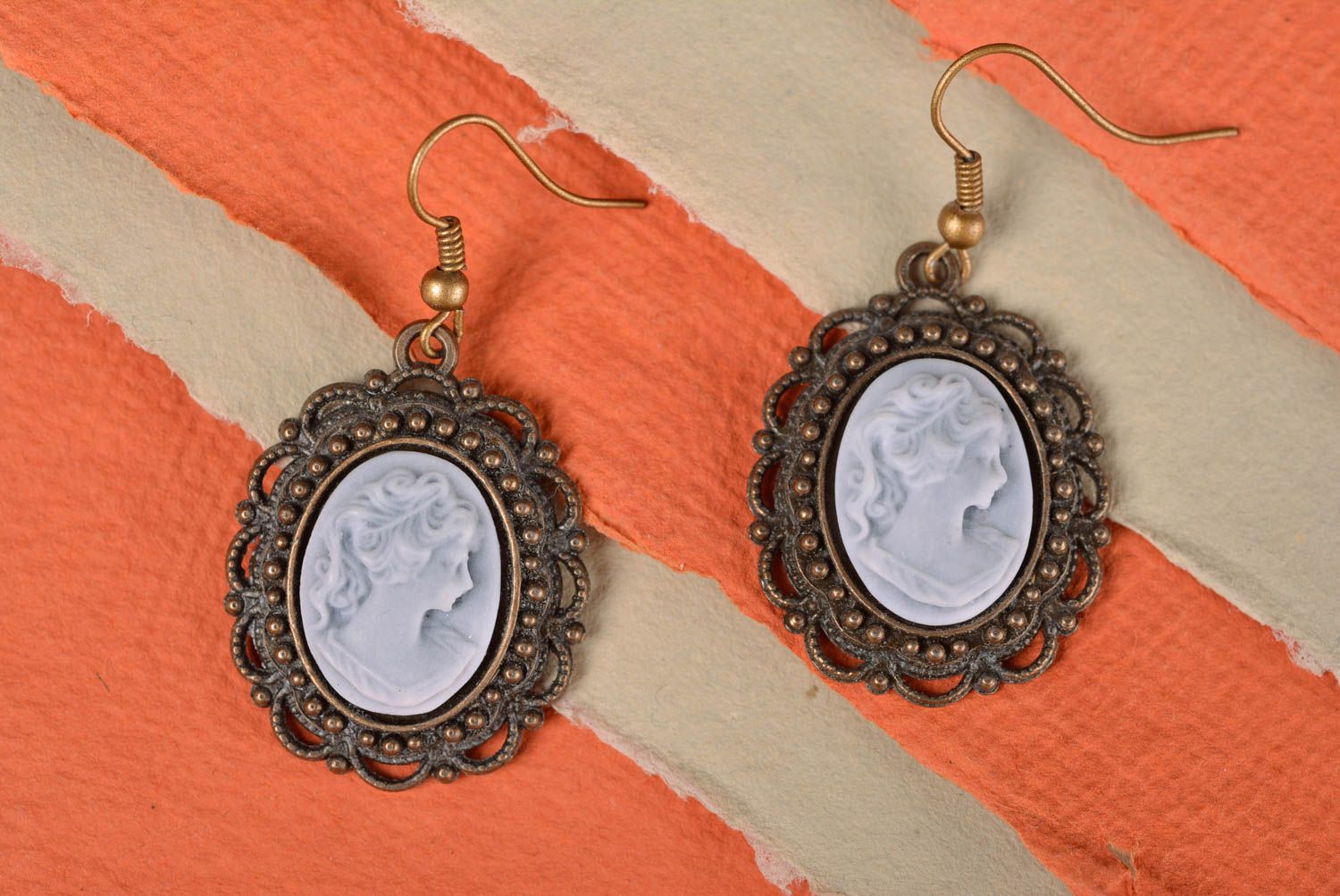 Earrings in vintage style with cameo made of polymer clay handmade jewelry photo 1