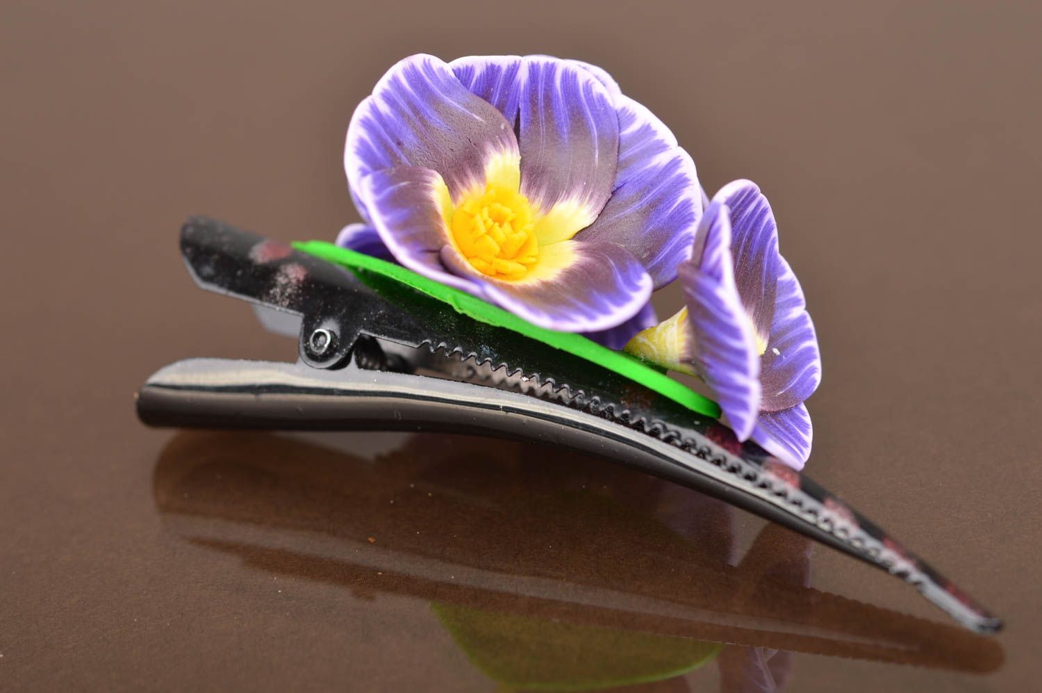 Handmade cute flower hair clip made of polymer clay with lilac snowdrops photo 3