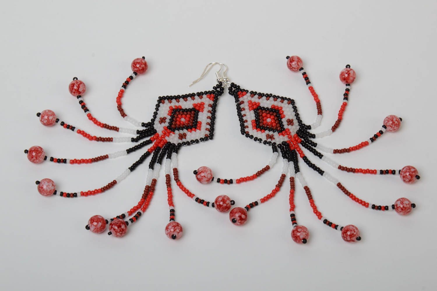 Ethnic handmade designer long earrings with fringe woven of Czech beads photo 4