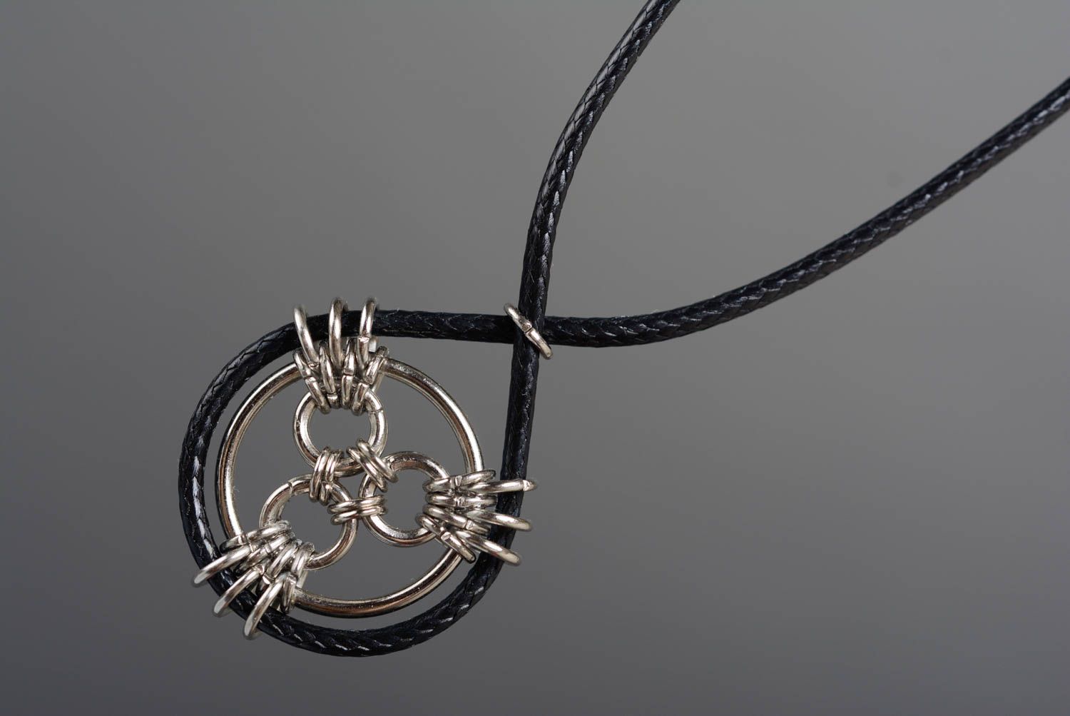 Unusual woven handmade designer black metal neck pendant on cord chainmail photo 5