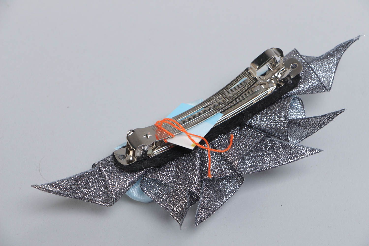 Handmade decorative hair clip with three blue satin ribbon kanzashi flowers photo 4