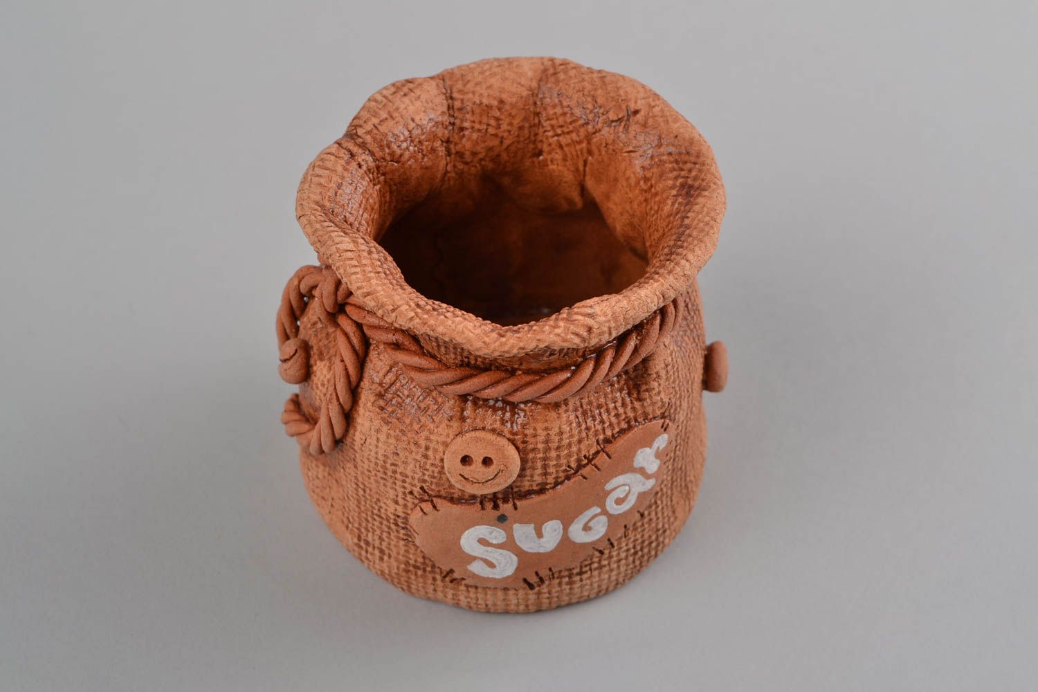 Clay small brown handmade pot for sugar in shape of sack  photo 5