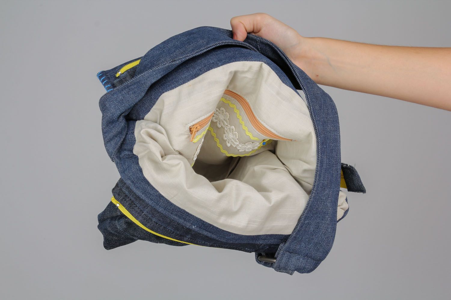 Gros sac à épaule en jean Ornementé fait main bleu original pour femme photo 4
