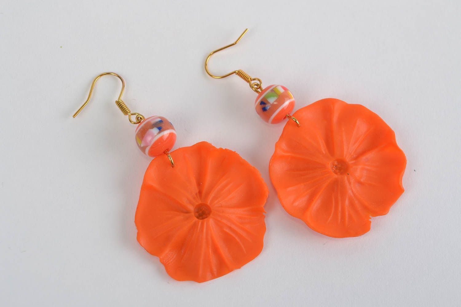 Bright orange handmade long polymer clay flower earrings photo 5