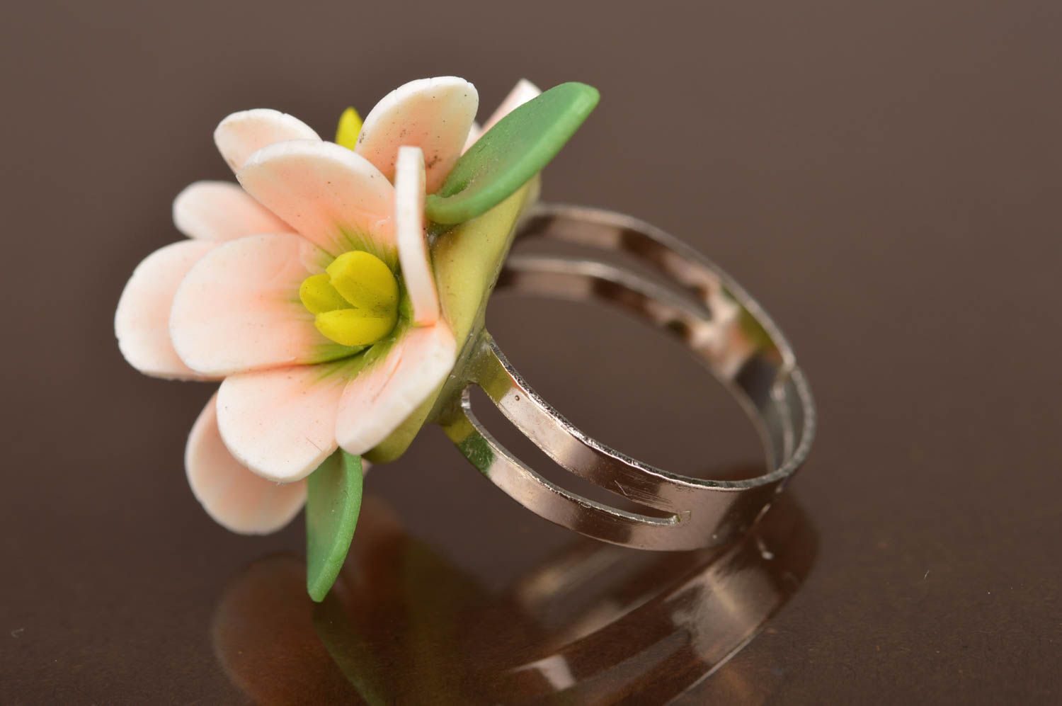Handmade designer ring made of polymer clay in shape of volume sacura flowers photo 5