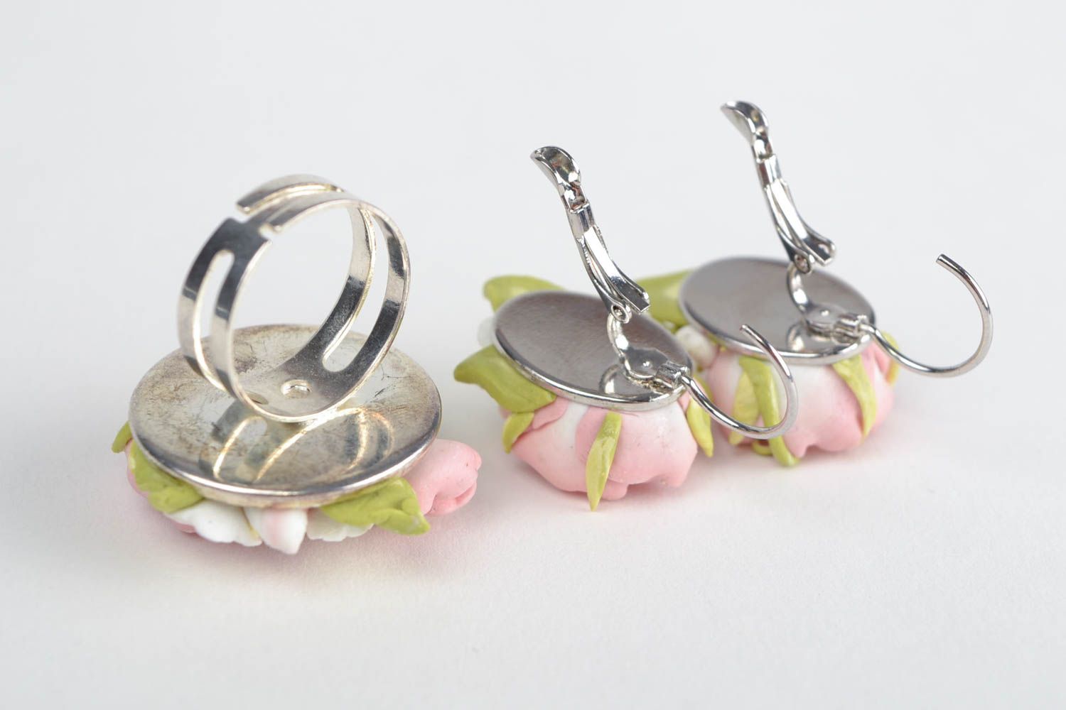 Beautiful unusual nice tender handmade polymer clay rose earrings and ring set   photo 5