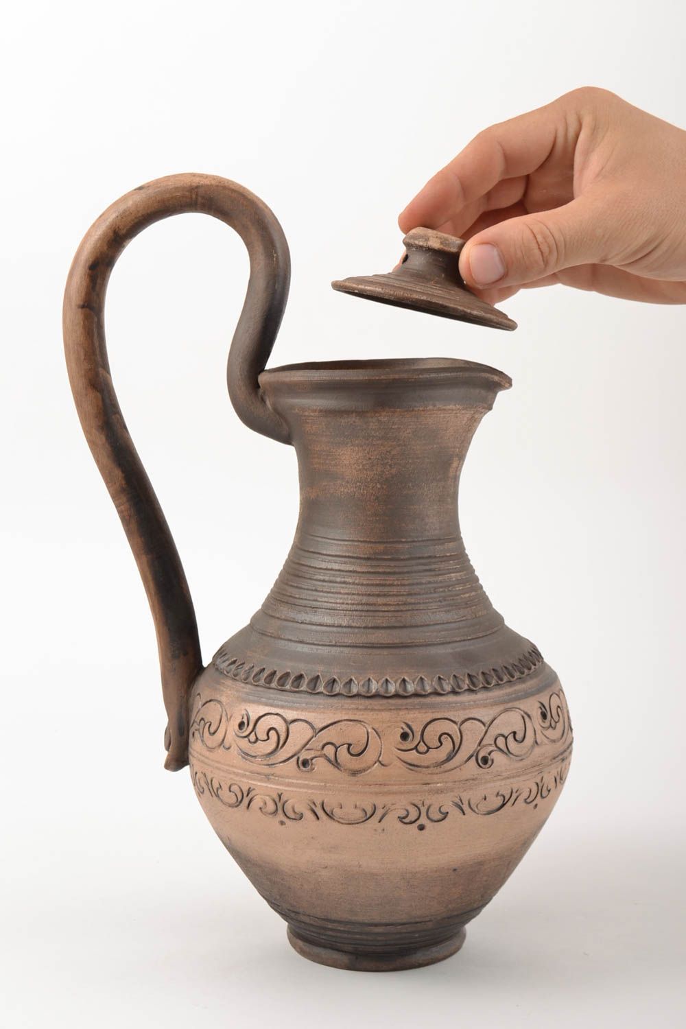 Belle cruche céramique avec couvercle faite main marron ethnique 2 litres photo 3