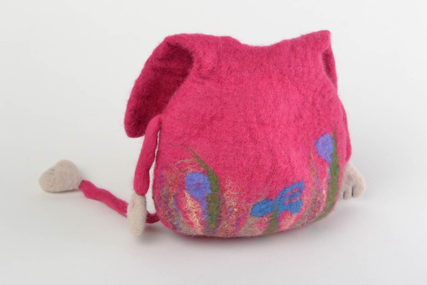 Pochette de rangement originale rose en forme de lapin laine feutrée faite main photo 4