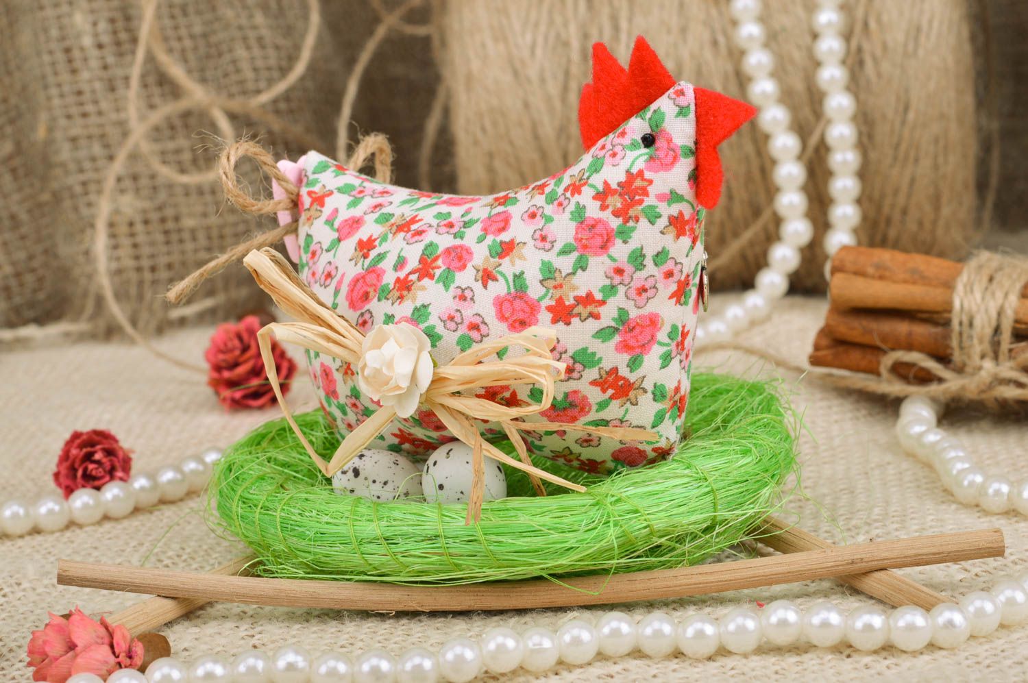 Handmade designer toy in the form of hen in nest made of natural fabrics photo 1