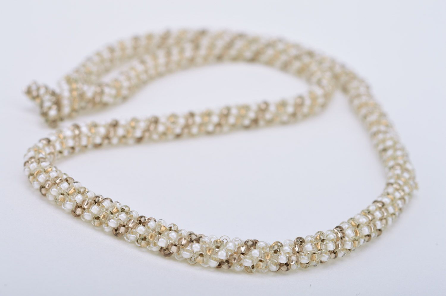 Handmade evening thin necklace woven of gray Czech beads for women Tender Kiss photo 4