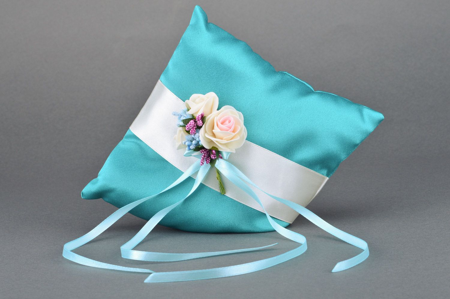 Handmade wedding rings bearer pillow sewn of blue satin with tender flowers  photo 2