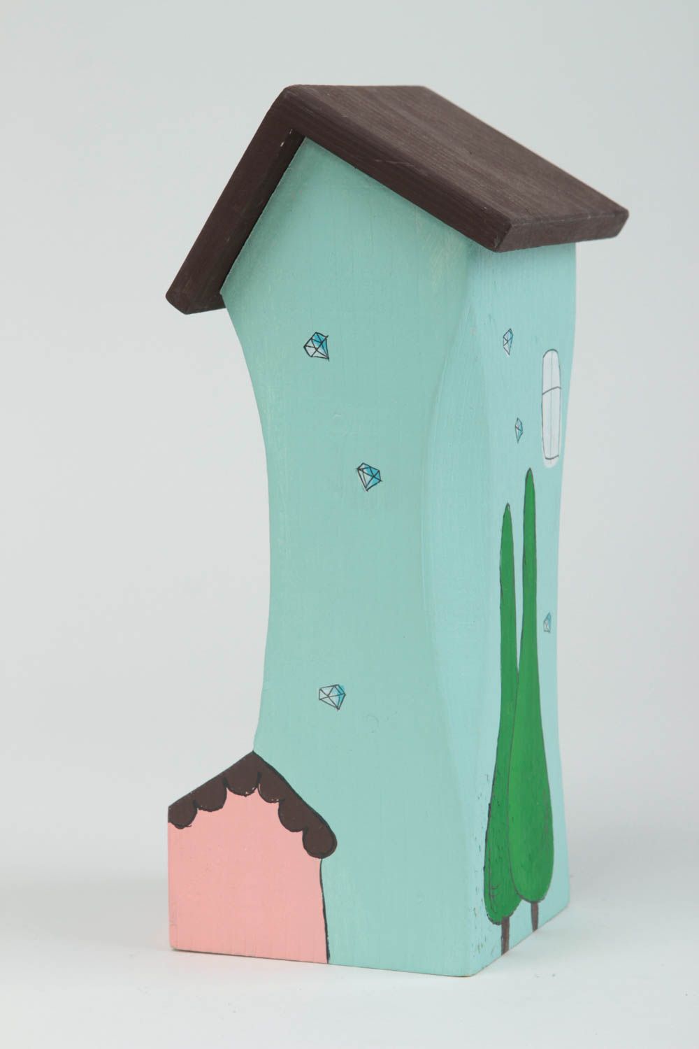 Maisonnette en bois fait main Petite statuette peinte design Déco intérieur photo 3
