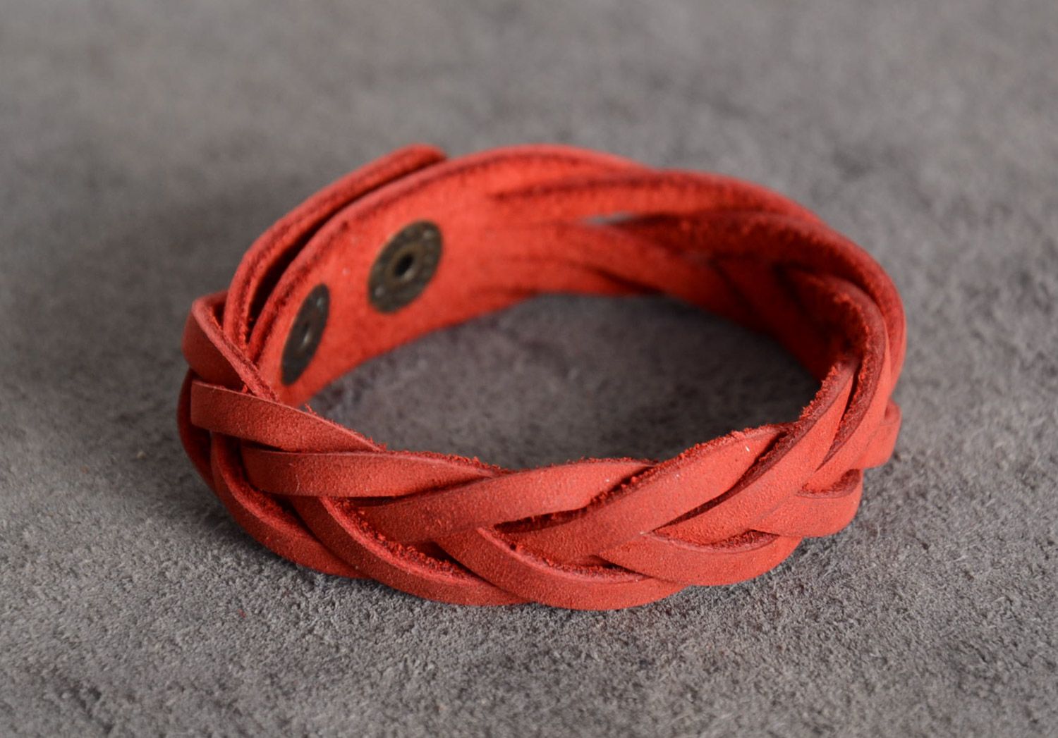 Thin elegant handmade wrist bracelet woven of red genuine leather for women photo 1