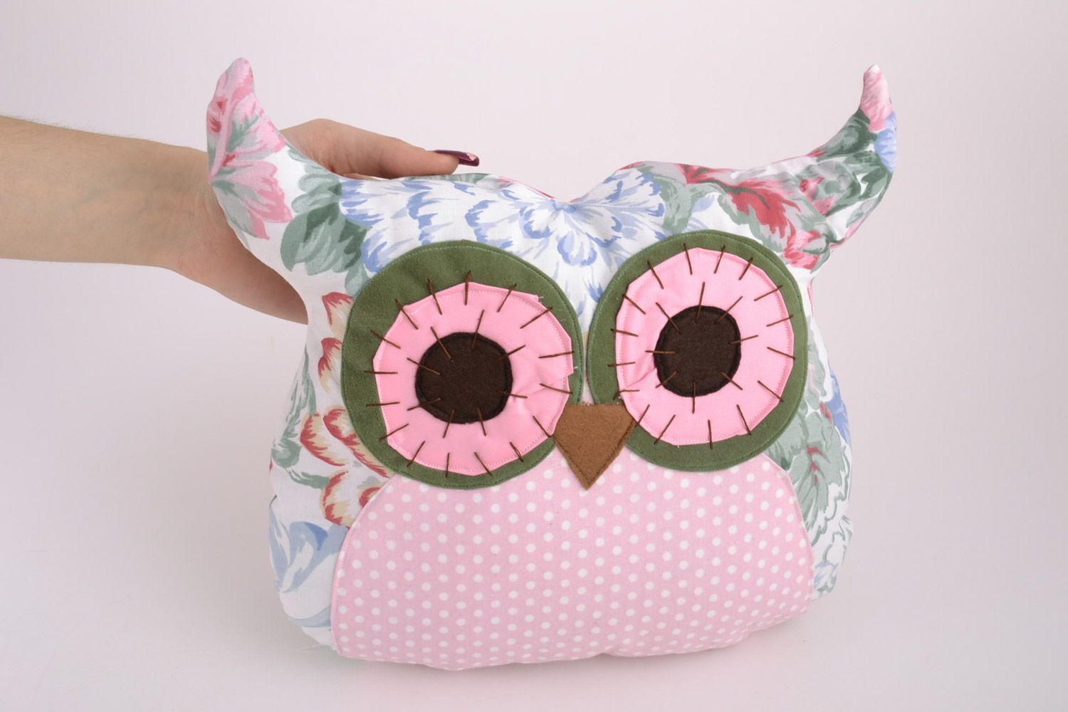 Handmade decorative soft pillow pet sewn of fabric in pink color palette Owl photo 5