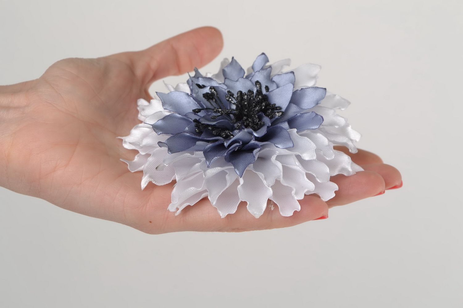 Handmade hair tie with artificial satin ribbon aster flower in gray color shades photo 2