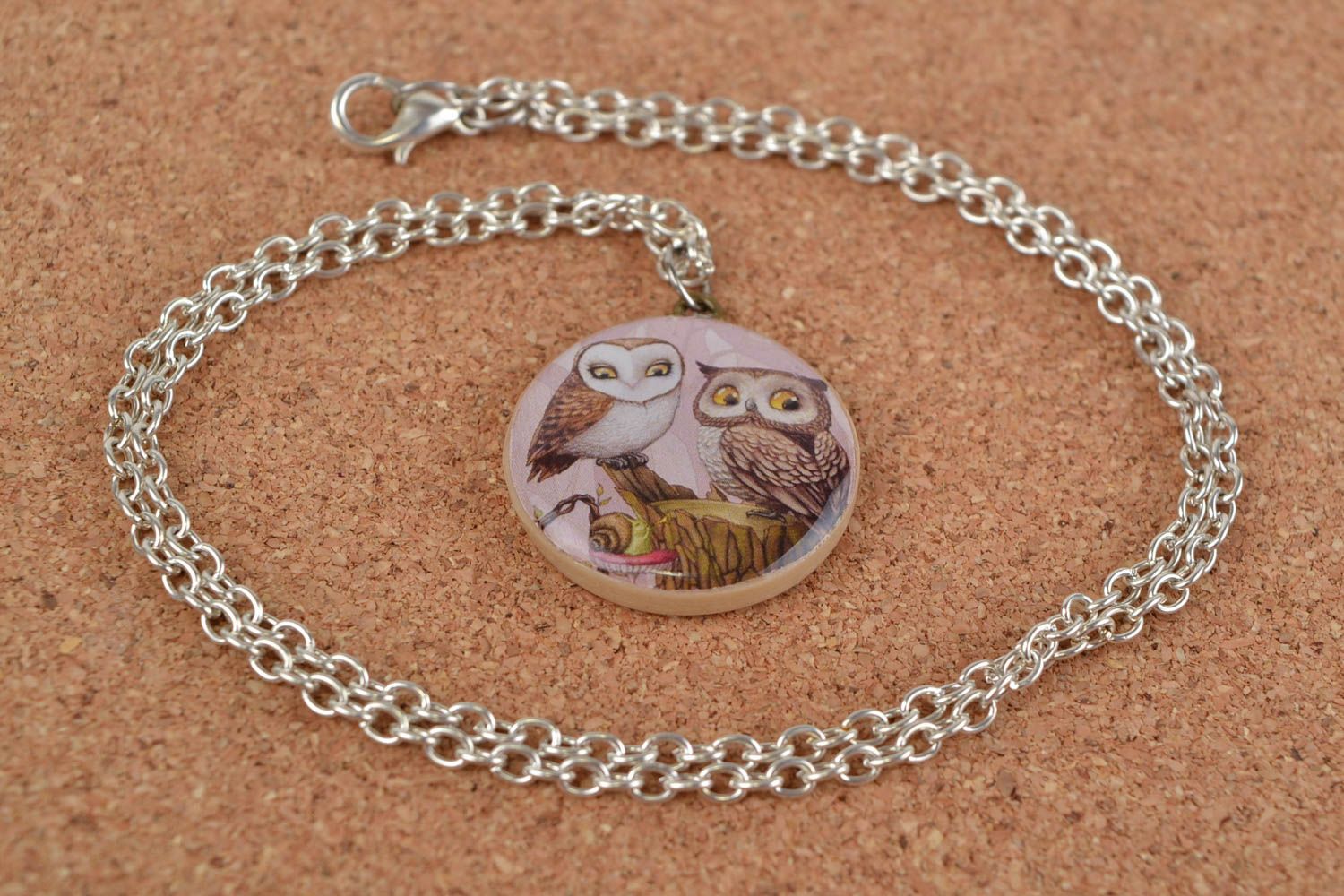 Handmade round decoupage polymer clay designer pendant with owls image on chain photo 1