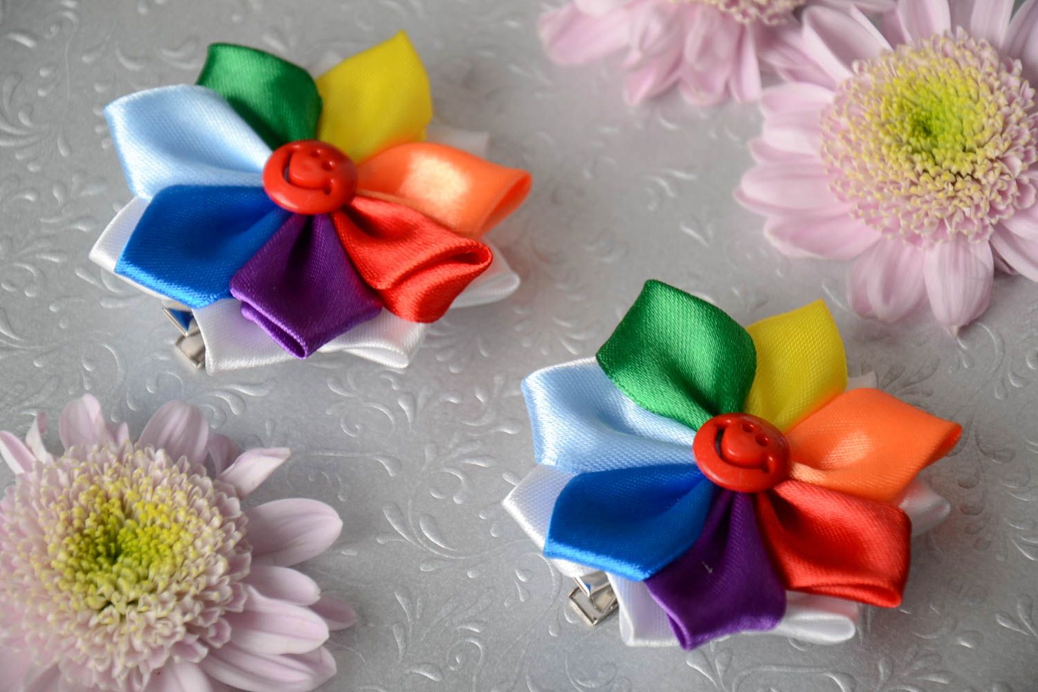 Set of 2 homemade hair clips with colorful satin ribbon kanzashi flowers  photo 1