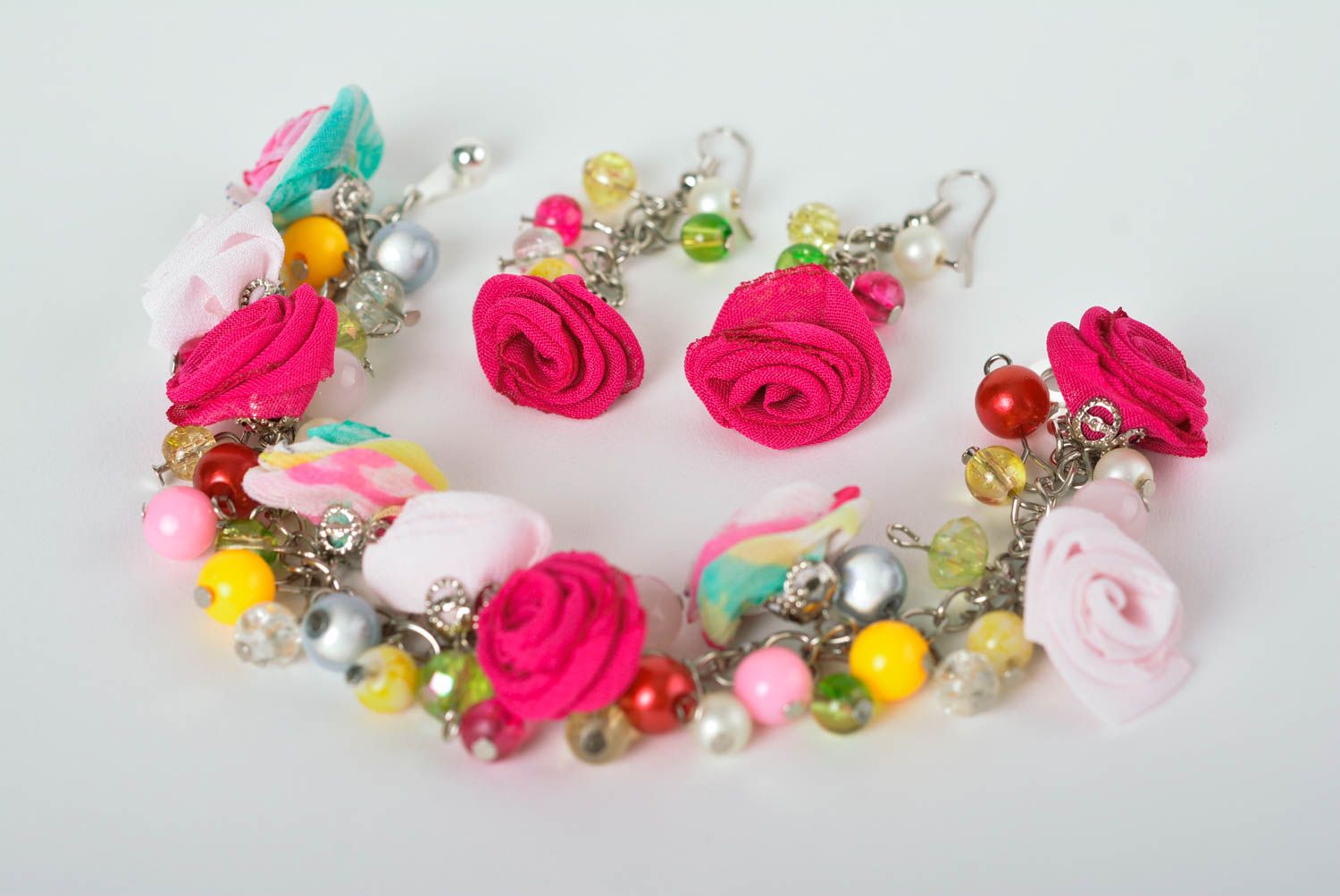 Handmade textile jewelry set fabric bracelet designs flower earrings small gifts photo 1